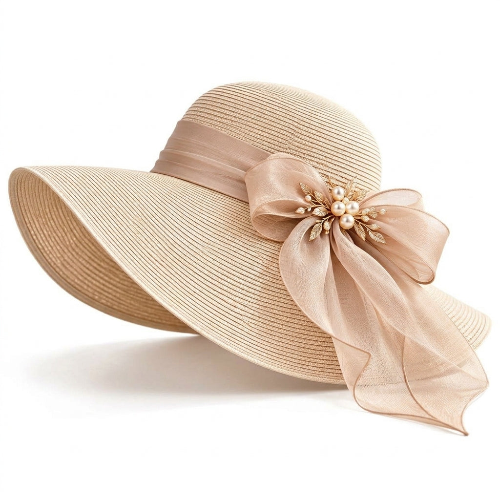 UancNer™ Champagne Pearl Bow Sun Hat