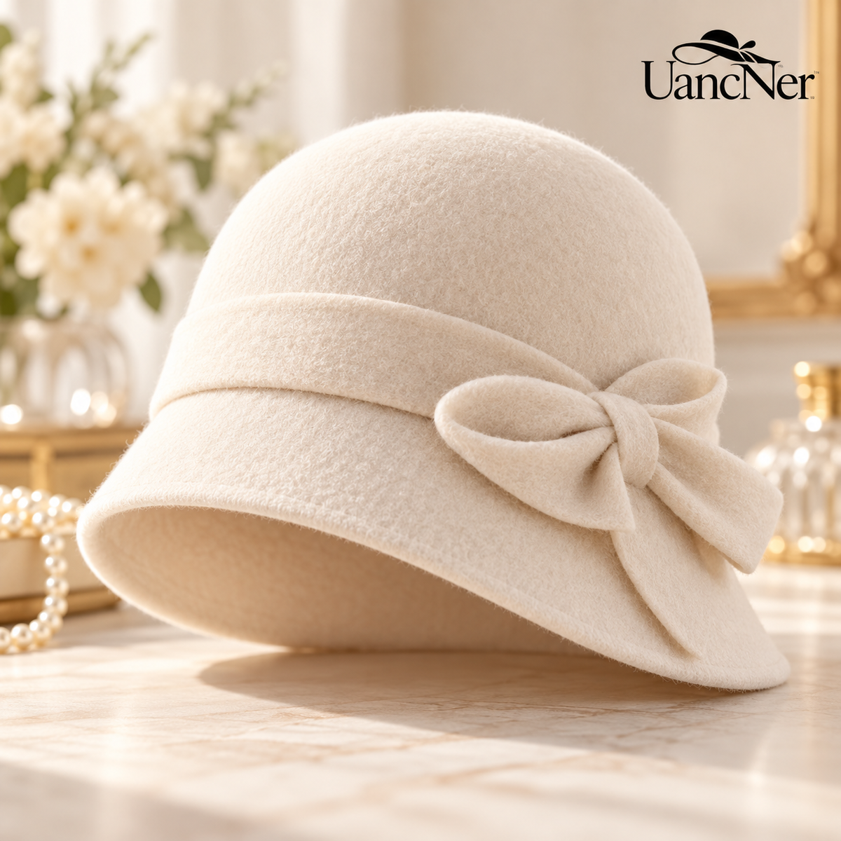 UancNer™ Ivory Bow Wool Cloche Hat
