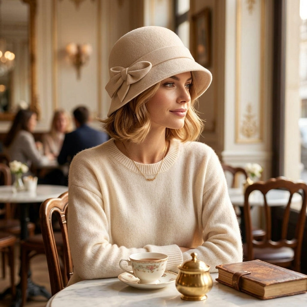 UancNer™ Ivory Bow Wool Cloche Hat
