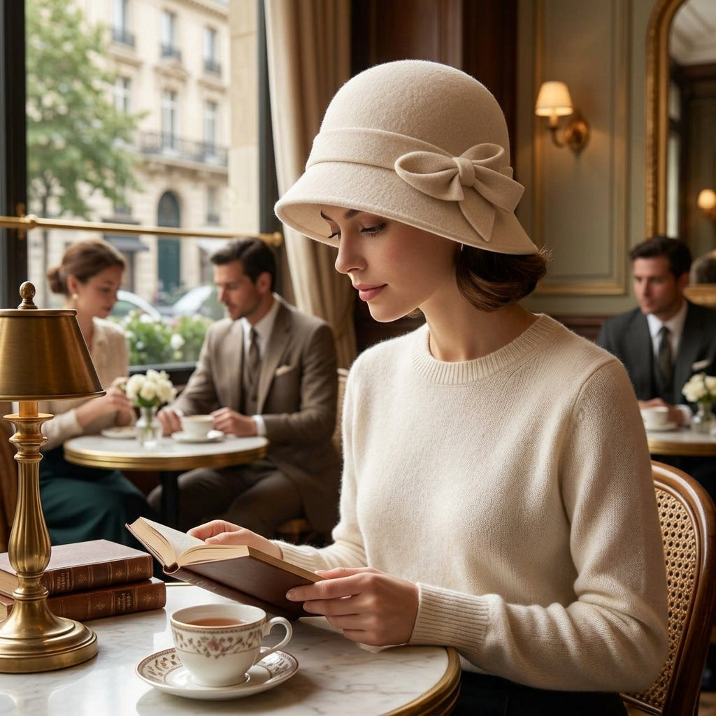 UancNer™ Ivory Bow Wool Cloche Hat