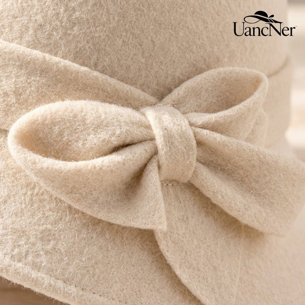 UancNer™ Ivory Bow Wool Cloche Hat