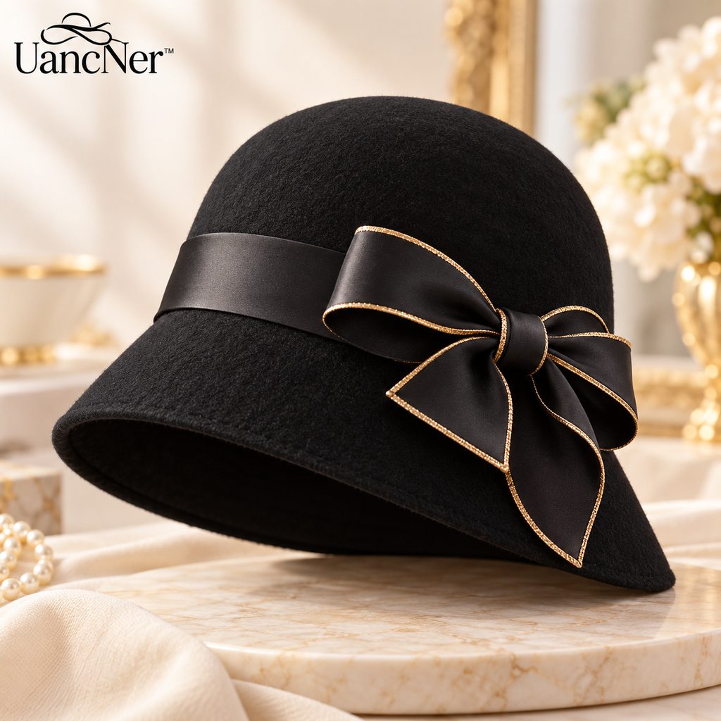 UancNer™ Noir Gold-Trim Bow Cloche Hat