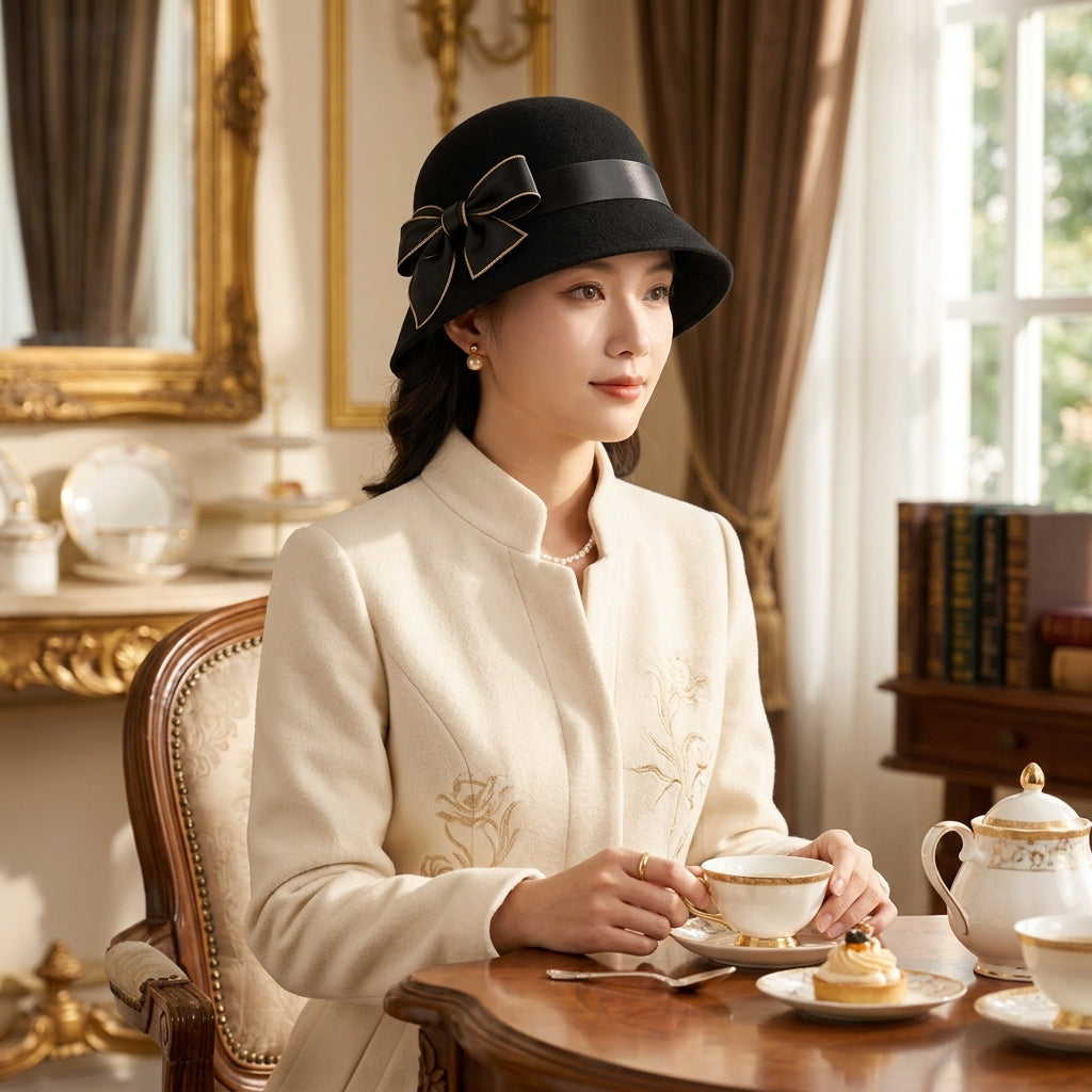 UancNer™ Noir Gold-Trim Bow Cloche Hat