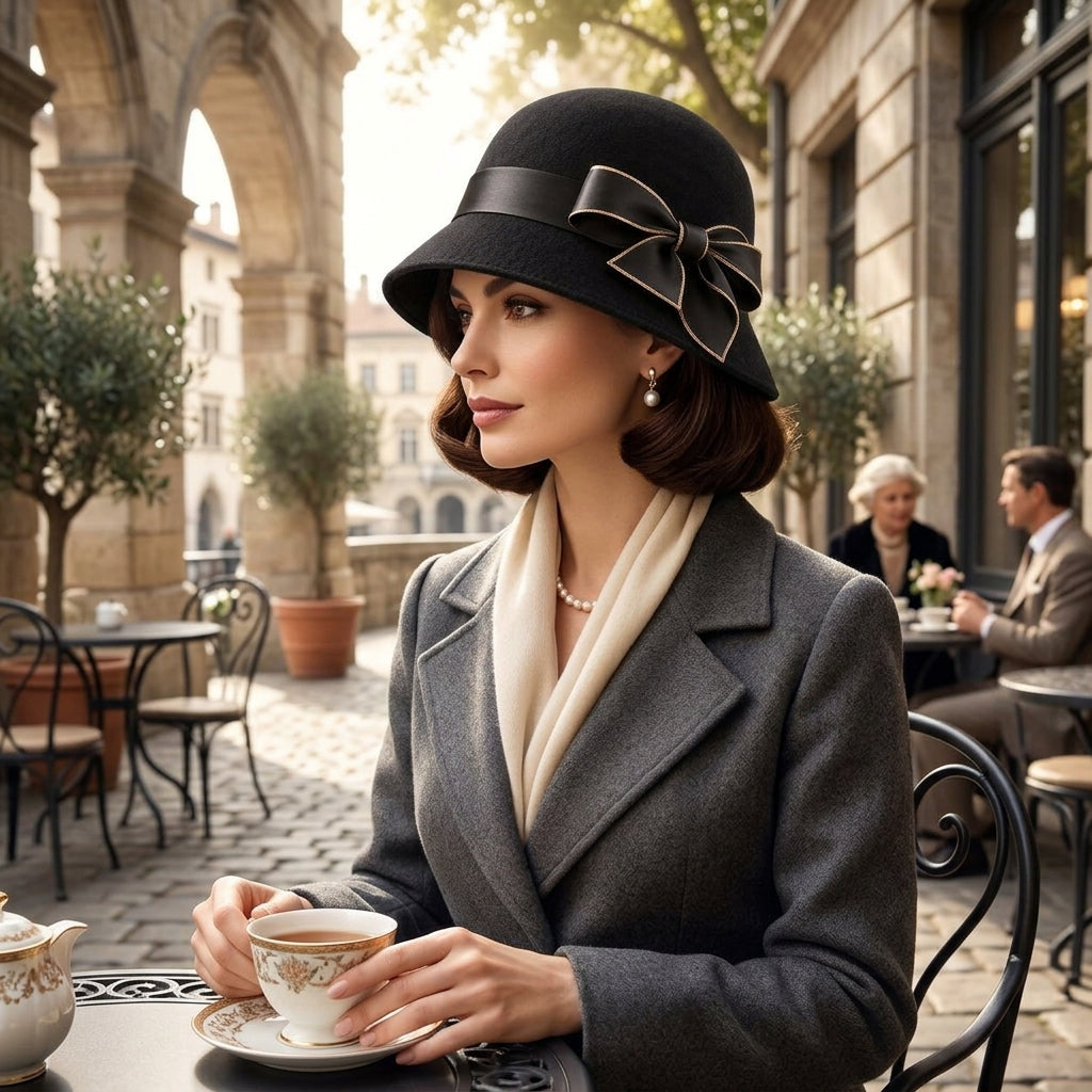 UancNer™ Noir Gold-Trim Bow Cloche Hat