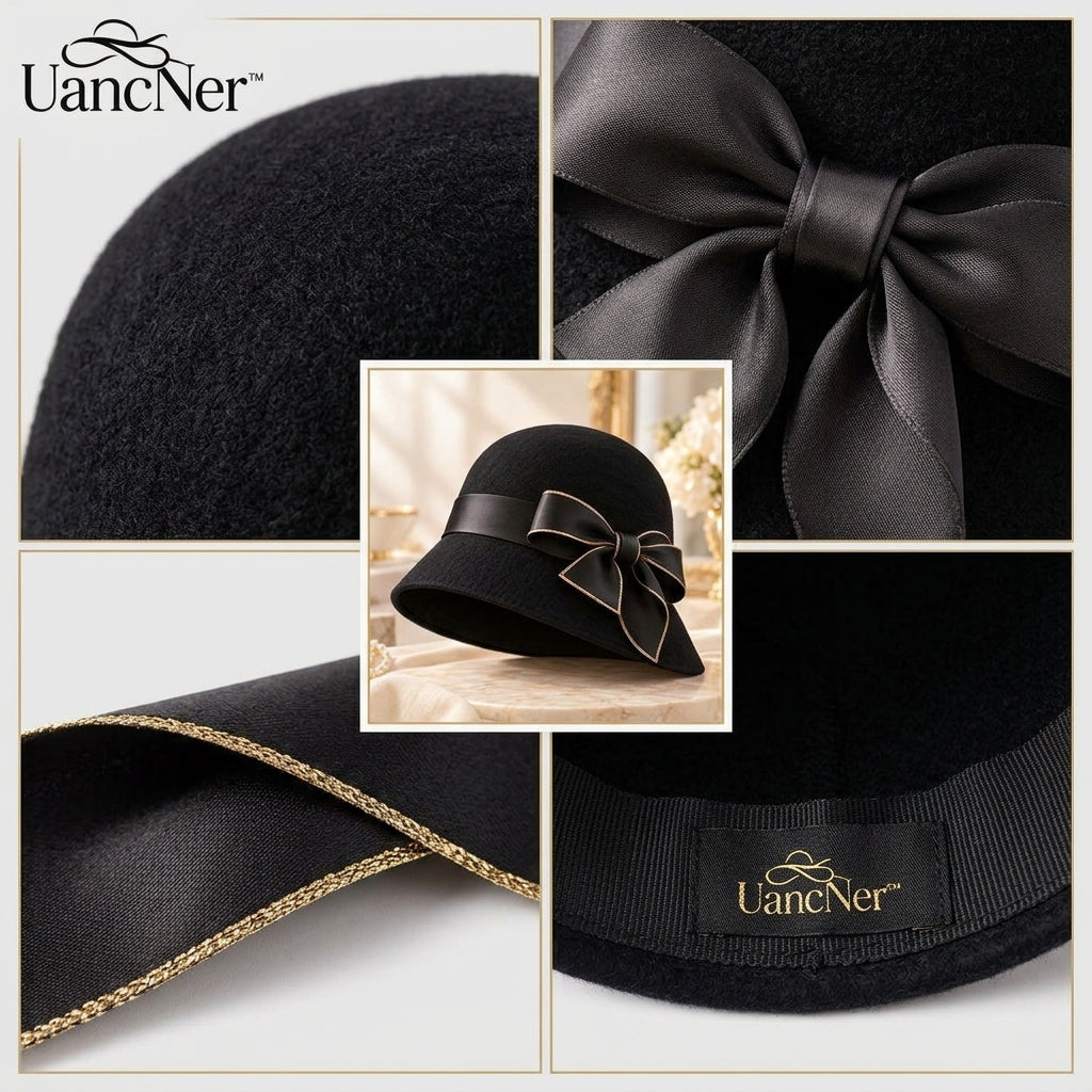 UancNer™ Noir Gold-Trim Bow Cloche Hat