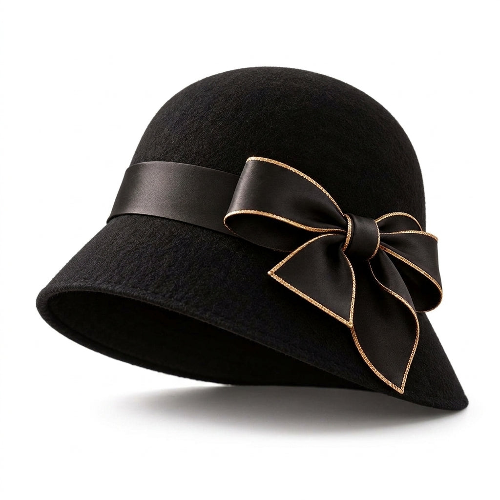 UancNer™ Noir Gold-Trim Bow Cloche Hat