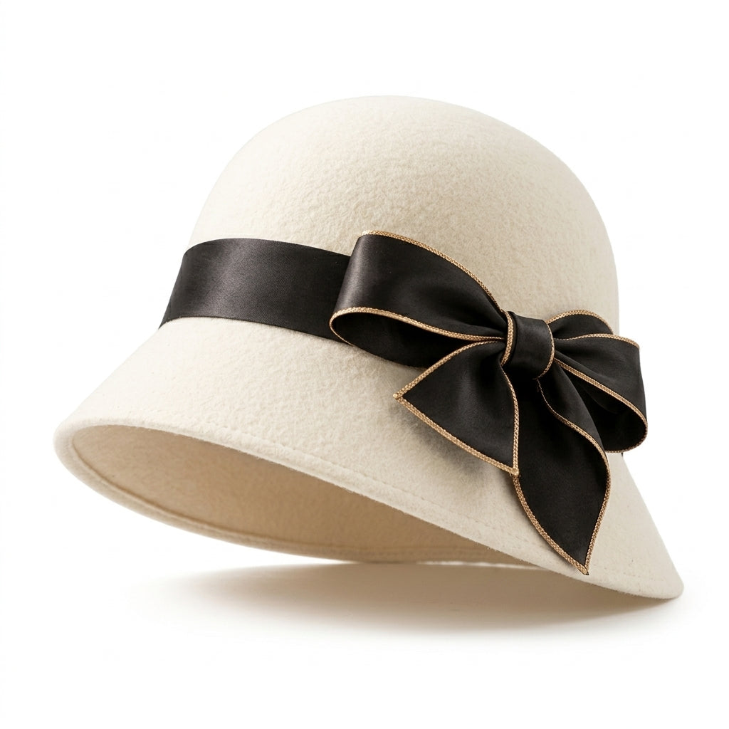 UancNer™ Noir Gold-Trim Bow Cloche Hat