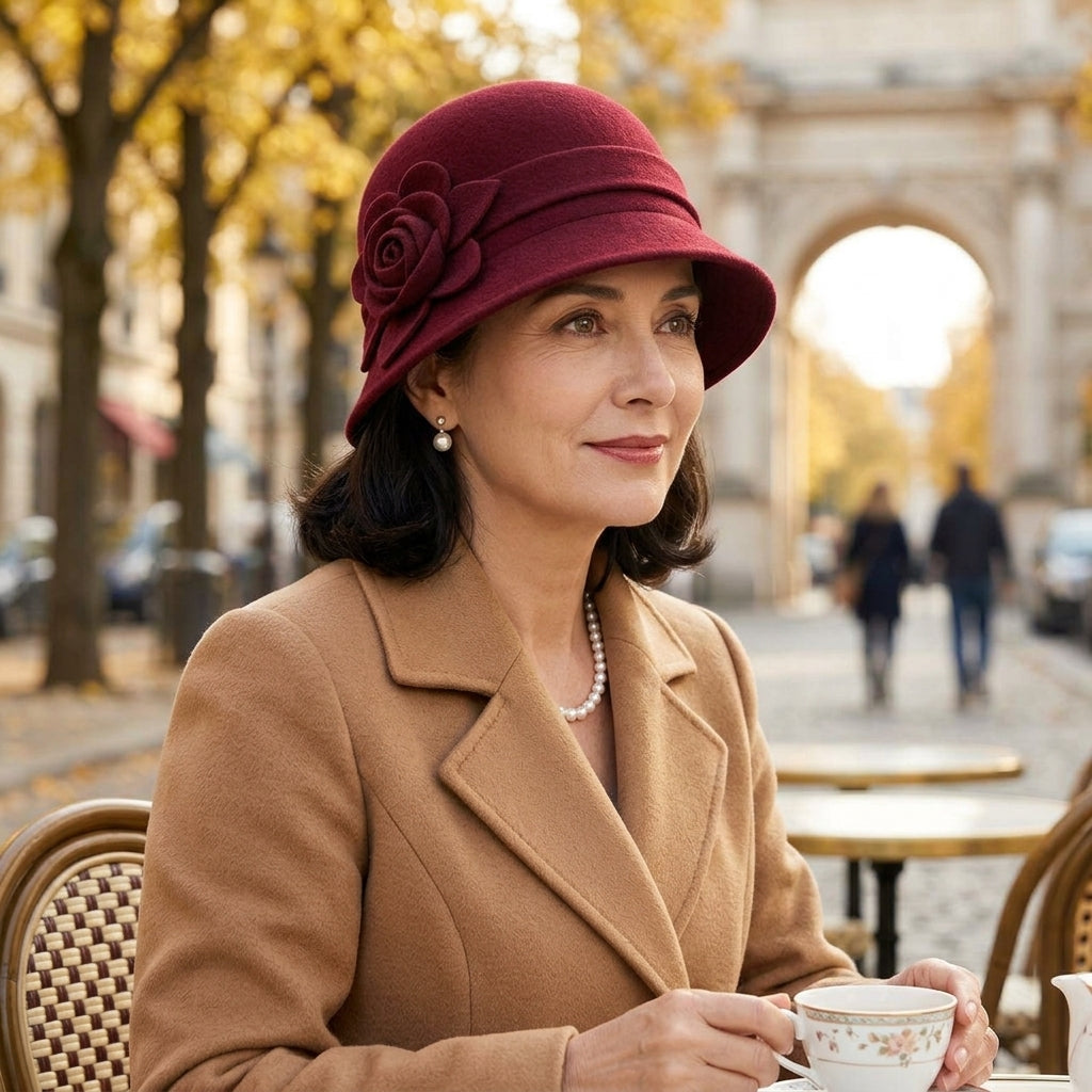 UancNer™ Bordeaux Rose Wool Cloche Hat