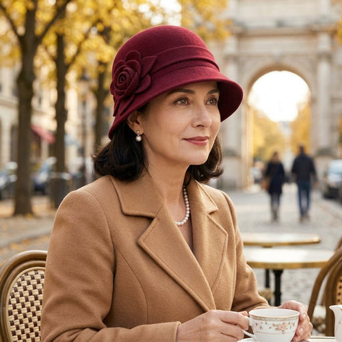 UancNer™ Bordeaux Rose Wool Cloche Hat