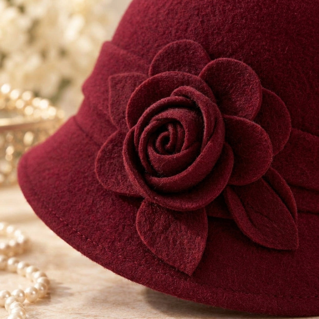 UancNer™ Bordeaux Rose Wool Cloche Hat