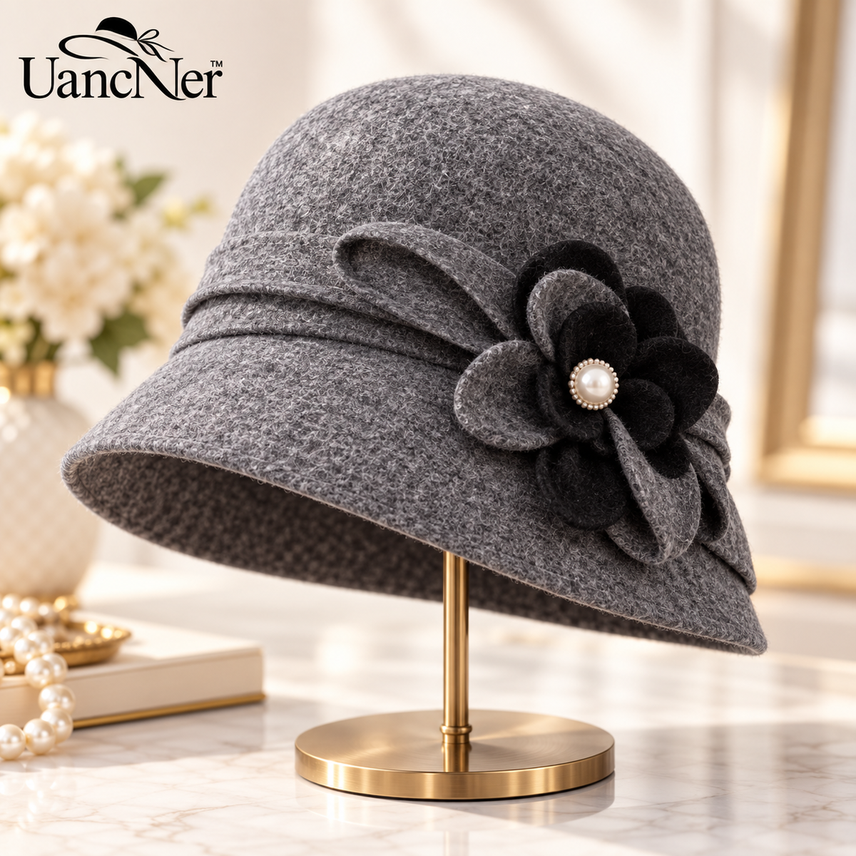 UancNer™ Heather Gray Pearl Flower Cloche Hat