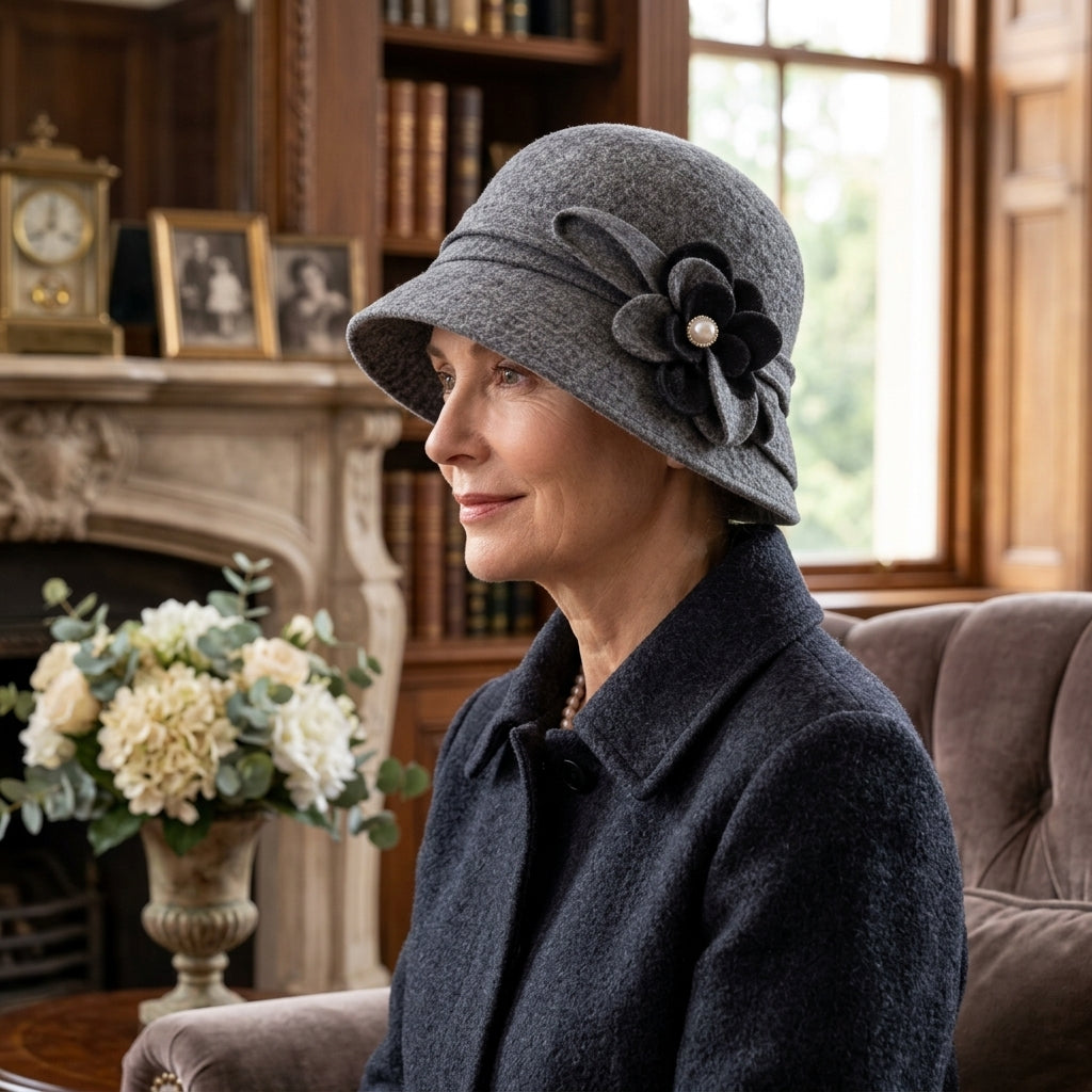 UancNer™ Heather Gray Pearl Flower Cloche Hat