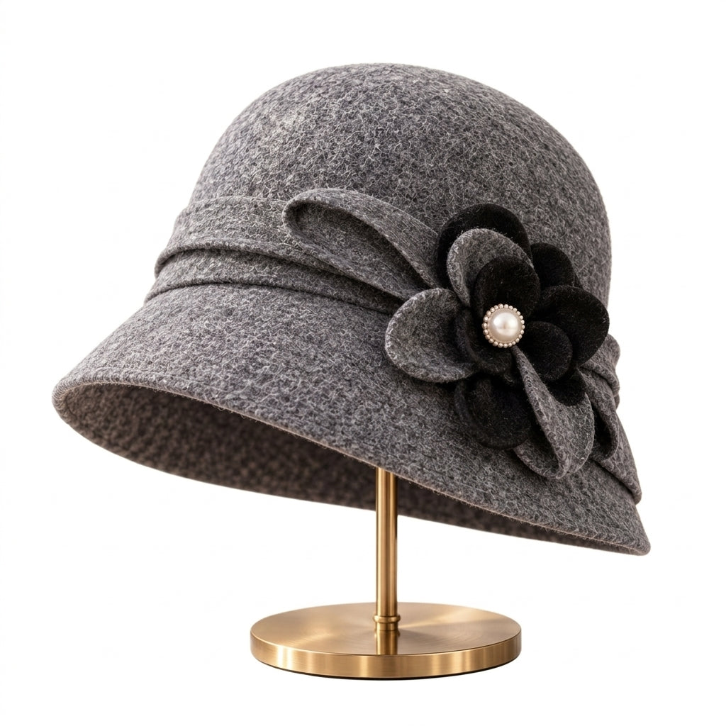 UancNer™ Heather Gray Pearl Flower Cloche Hat