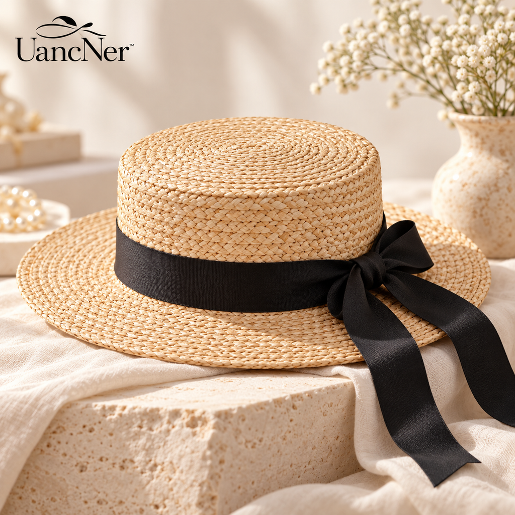 UancNer™ Classic Black Ribbon Straw Boater Hat