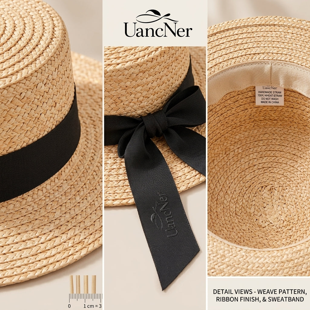 UancNer™ Classic Black Ribbon Straw Boater Hat