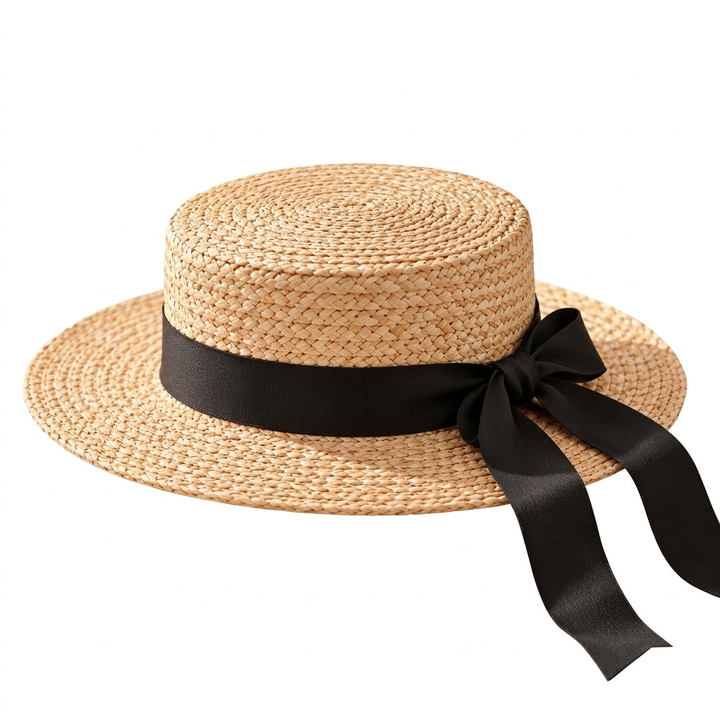 UancNer™ Classic Black Ribbon Straw Boater Hat
