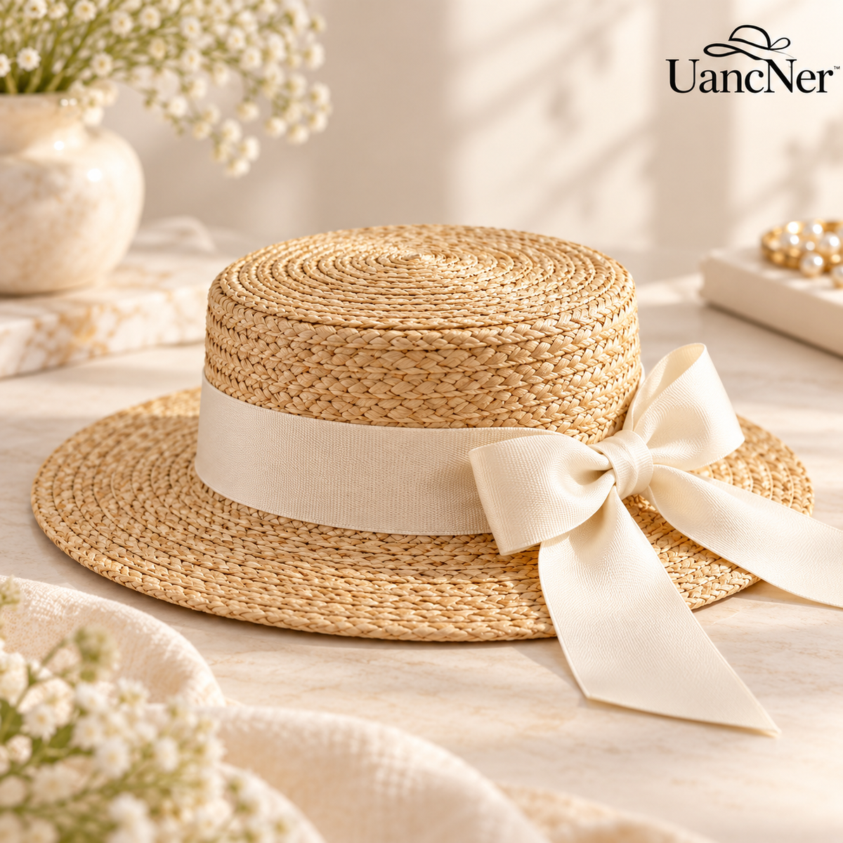 UancNer™ Ivory Ribbon Straw Boater Hat