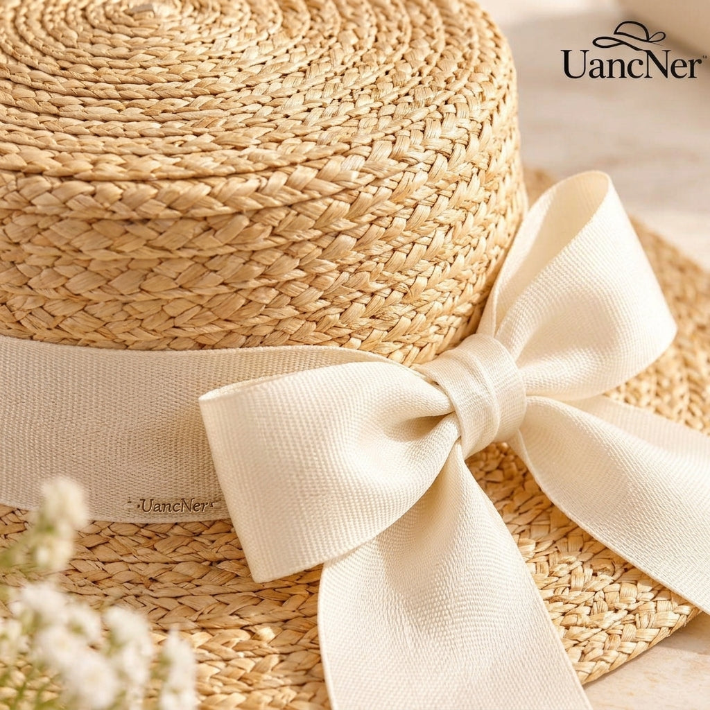 UancNer™ Ivory Ribbon Straw Boater Hat