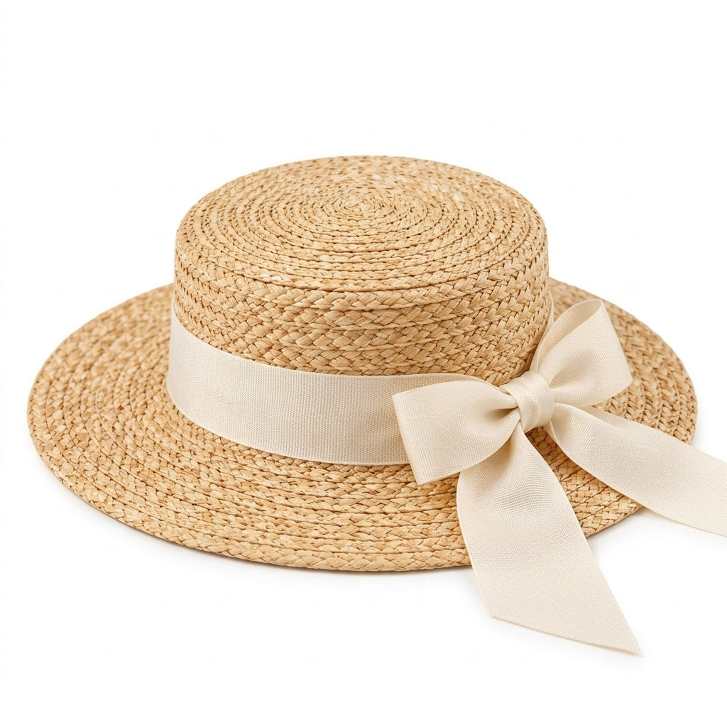 UancNer™ Ivory Ribbon Straw Boater Hat