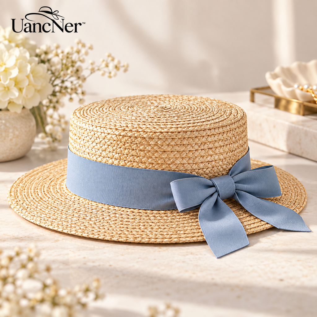 UancNer™ French Blue Bow Straw Boater Hat