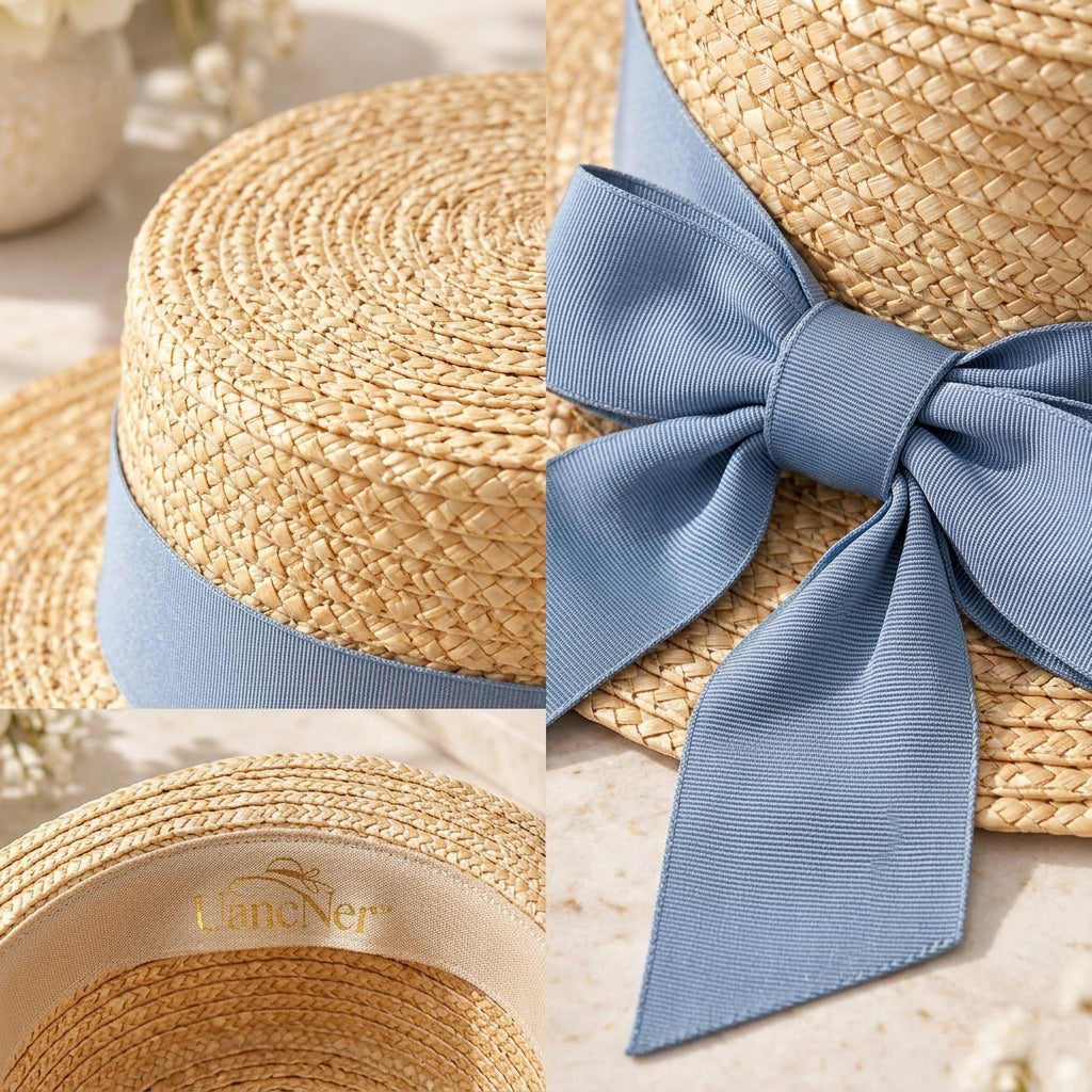 UancNer™ French Blue Bow Straw Boater Hat