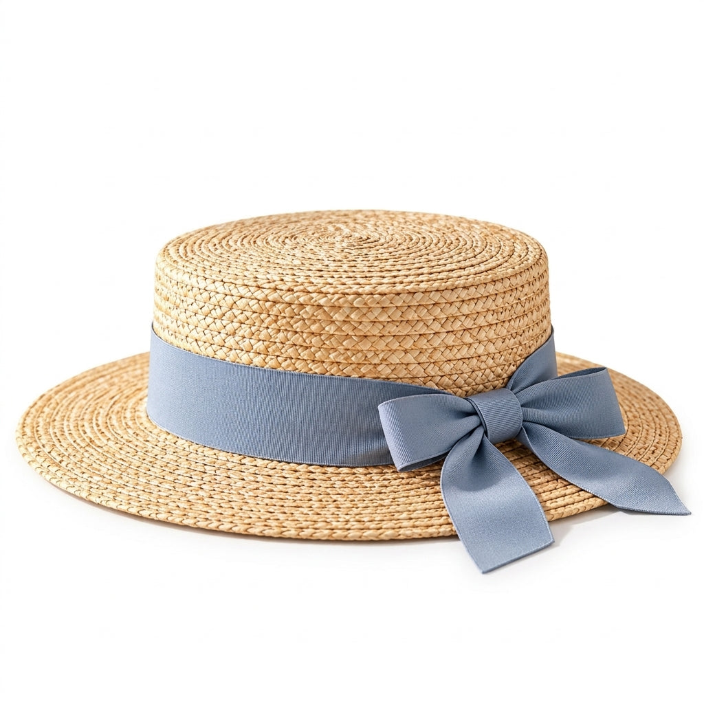 UancNer™ French Blue Bow Straw Boater Hat
