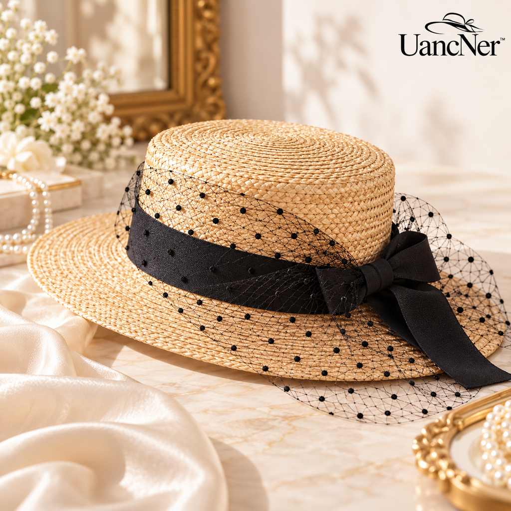 UancNer™ Noir Veil Bow Straw Boater Hat