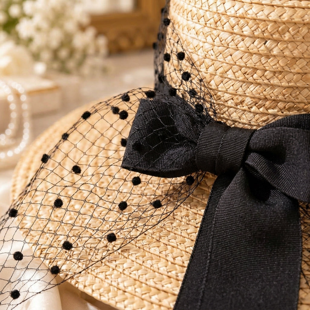 UancNer™ Noir Veil Bow Straw Boater Hat