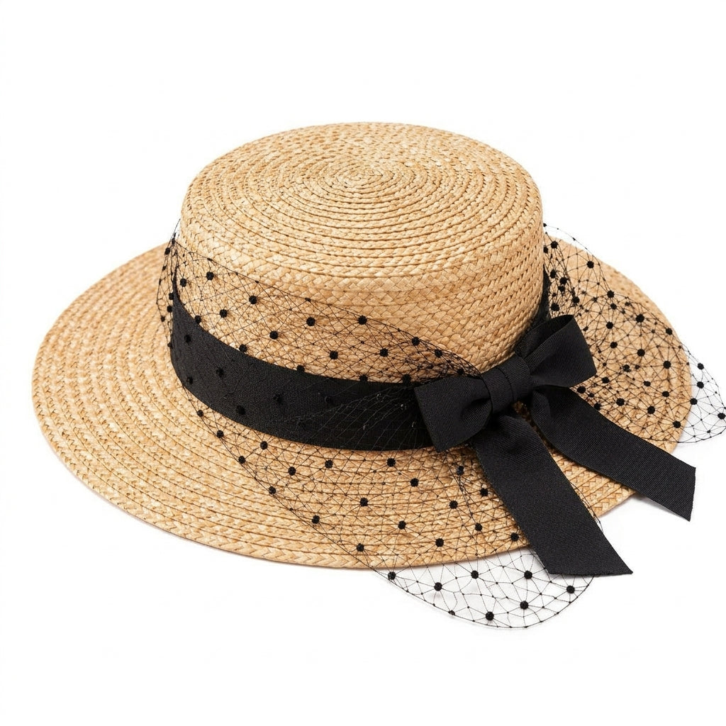 UancNer™ Noir Veil Bow Straw Boater Hat