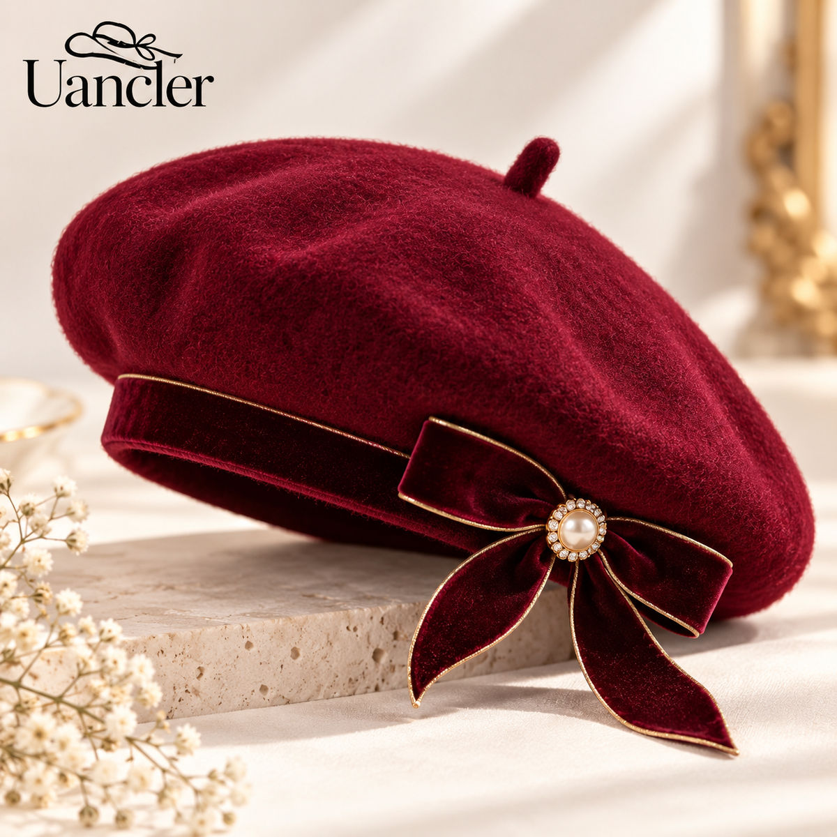 UancNer™ Burgundy Velvet Bow Beret