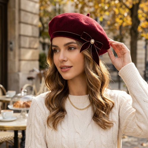 UancNer™ Burgundy Velvet Bow Beret
