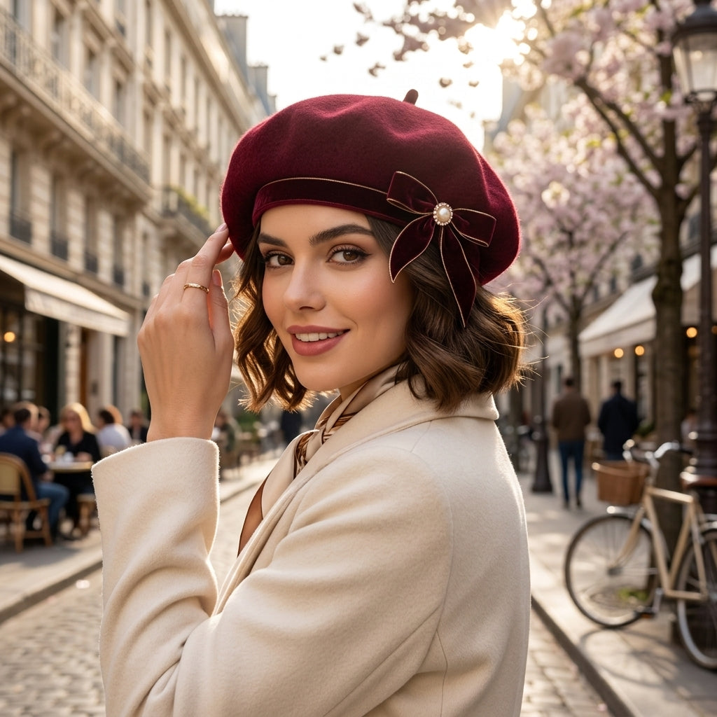UancNer™ Burgundy Velvet Bow Beret