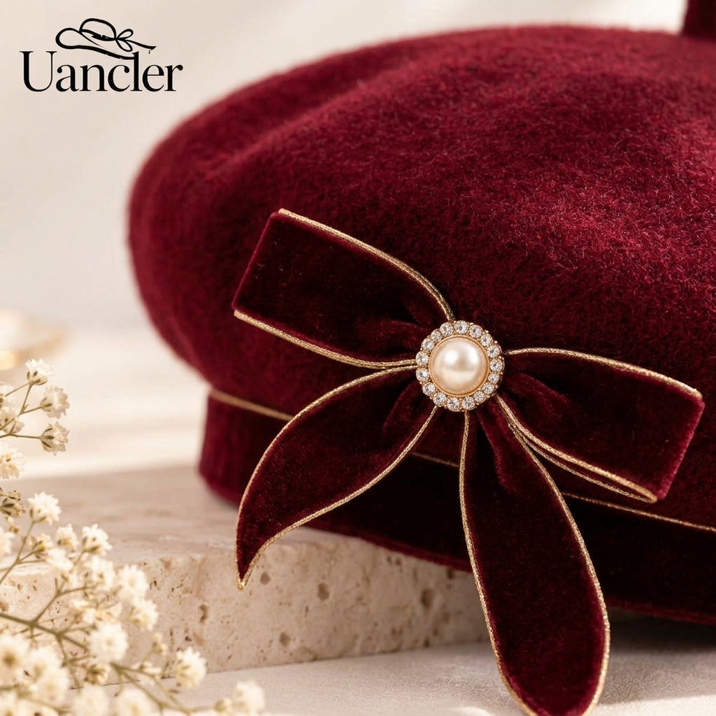 UancNer™ Burgundy Velvet Bow Beret