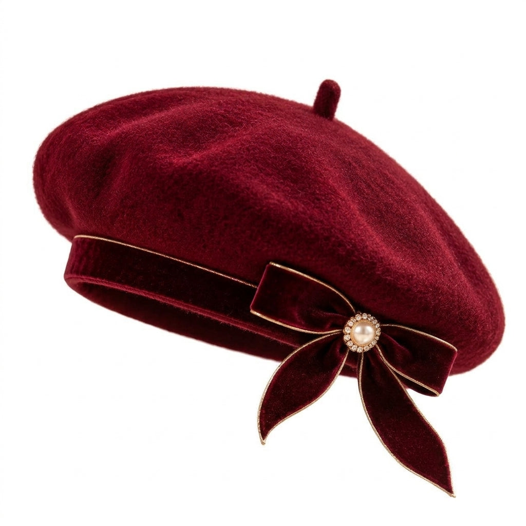 UancNer™ Burgundy Velvet Bow Beret