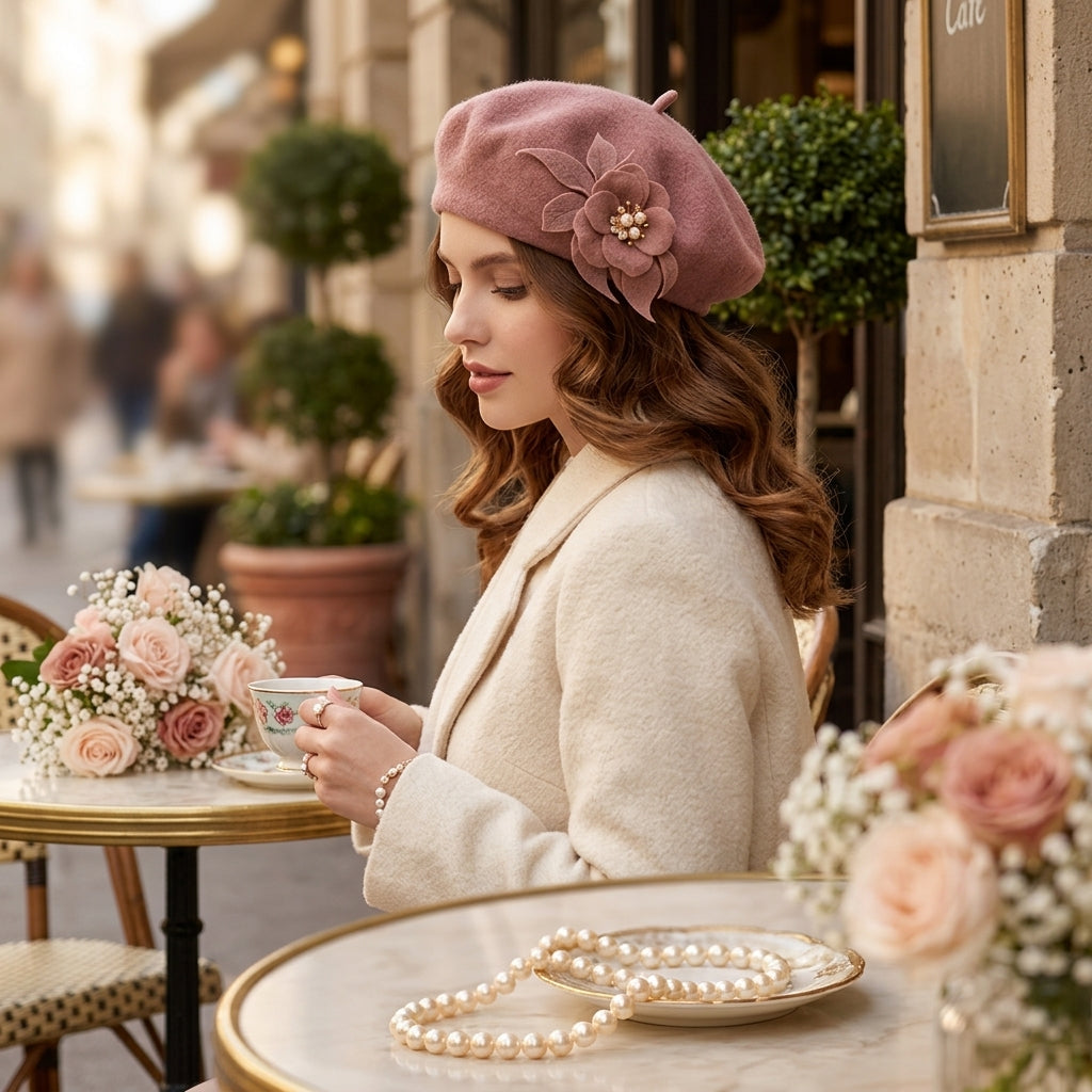UancNer™ Dusty Rose Pearl Flower Beret