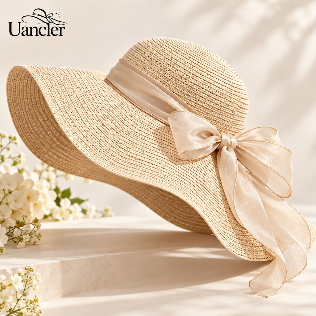 UancNer™ Champagne Organza Wide-Brim Sun Hat